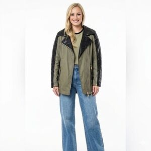 Nicole Benisti Green & Black Faux Leather Moto Biker Jacket Size XL
